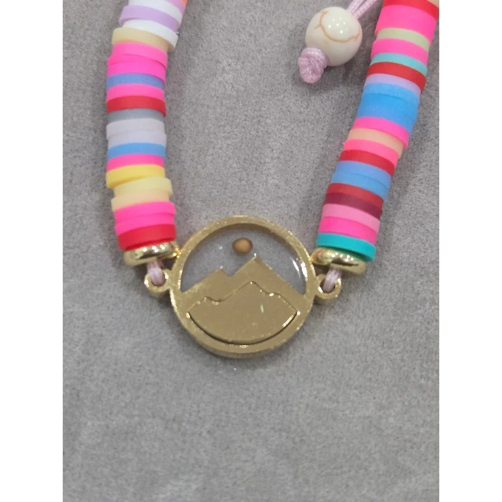 Confirmation Gift Clay Disc Beaded Bracelet Mountain Charm Adjustable Pink‎ Cord